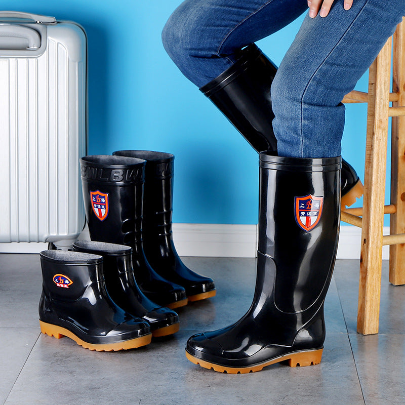 Black High-Top Rain Boots for Men, Tendon Sole, Non-Slip, Wear-Resistant Water Shoes, Mid-Top Overshoes, Construction Site Labor Warm Rain Boots, Waterproof Boots