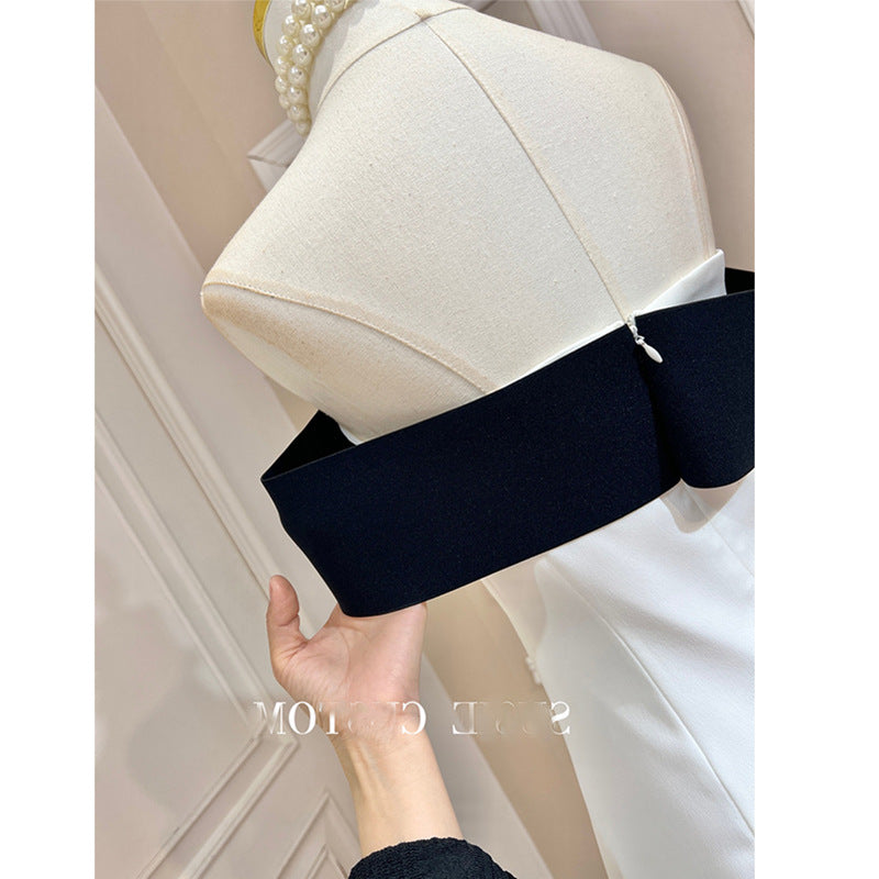 Temperamental Black and White Contrasting Color Big Bow One-Shoulder Off-Shoulder Elastic Band Slim A-Line Dress Slimming Look