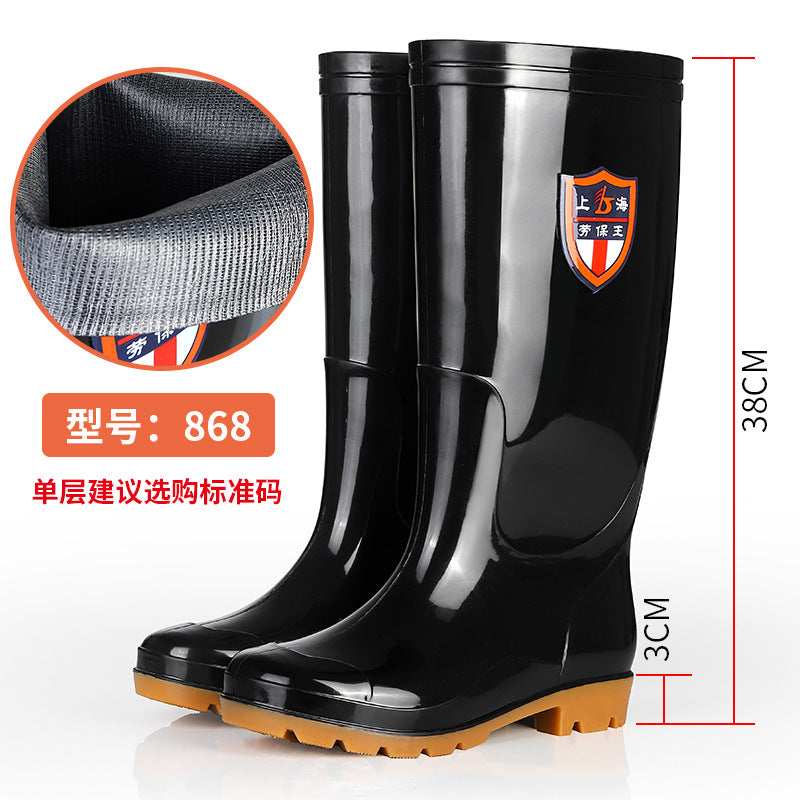 Black High-Top Rain Boots for Men, Tendon Sole, Non-Slip, Wear-Resistant Water Shoes, Mid-Top Overshoes, Construction Site Labor Warm Rain Boots, Waterproof Boots