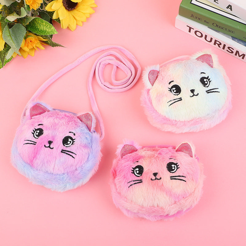 Children's Cat Plush Crossbody Bag Girl's Heart Cute All-match Cartoon Shoulder Crossbody Bag Double Zipper Coin Purse
