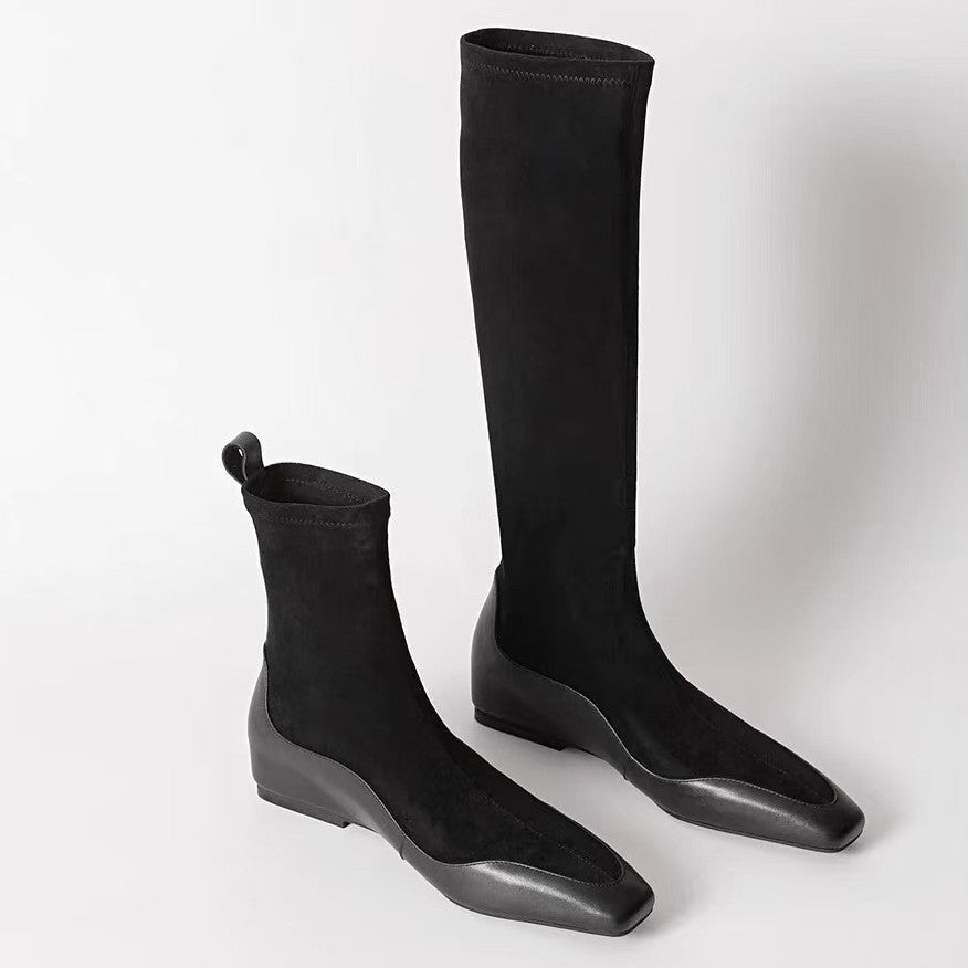 Korean Style Square Head Inner Height Increasing Thin Boots Women's 2024 Autumn and Winter New Leather Stitching Fashionable Simple All-match Socks Boots Women