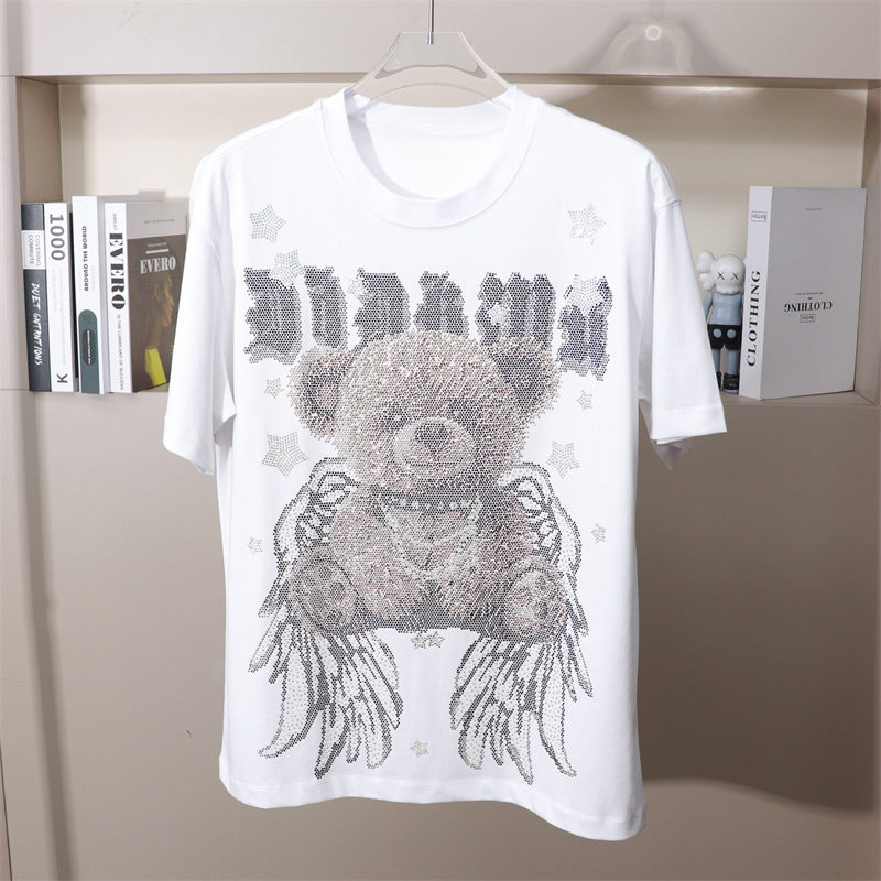 170kg T-Shirt with Rhinestone Letters and Cartoon Bear Design, Wide Short Sleeves, Plus Size 9XL for Big and Tall Individuals