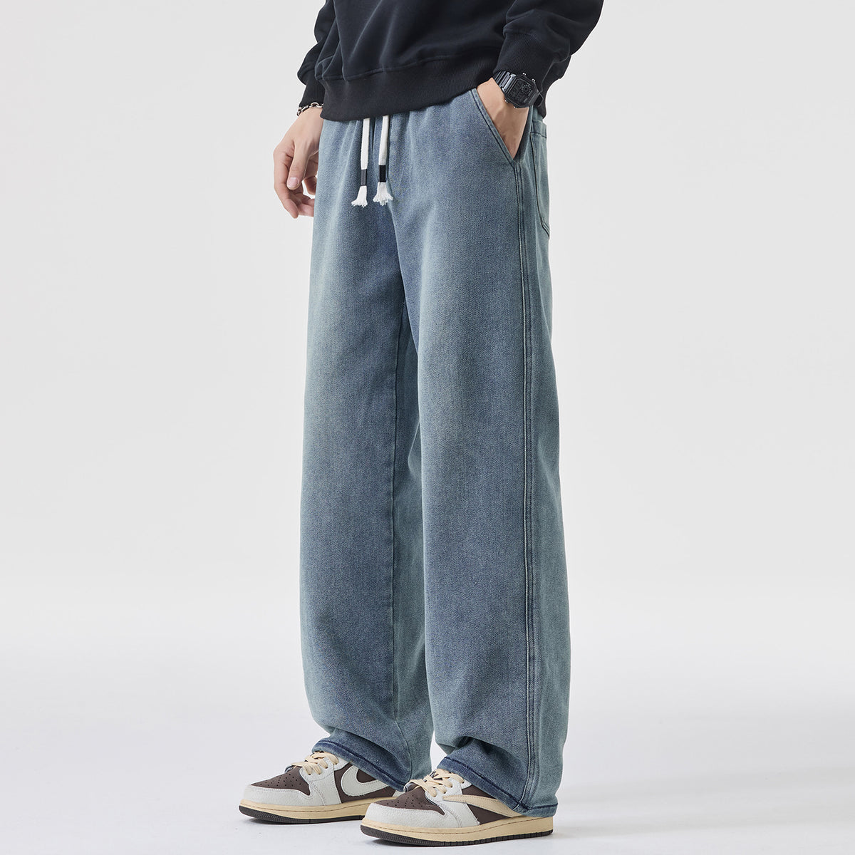 Plus Size Men's Autumn and Winter New Tall Extended Wide-Leg Jeans Men's Loose Versatile Casual Straight Pants