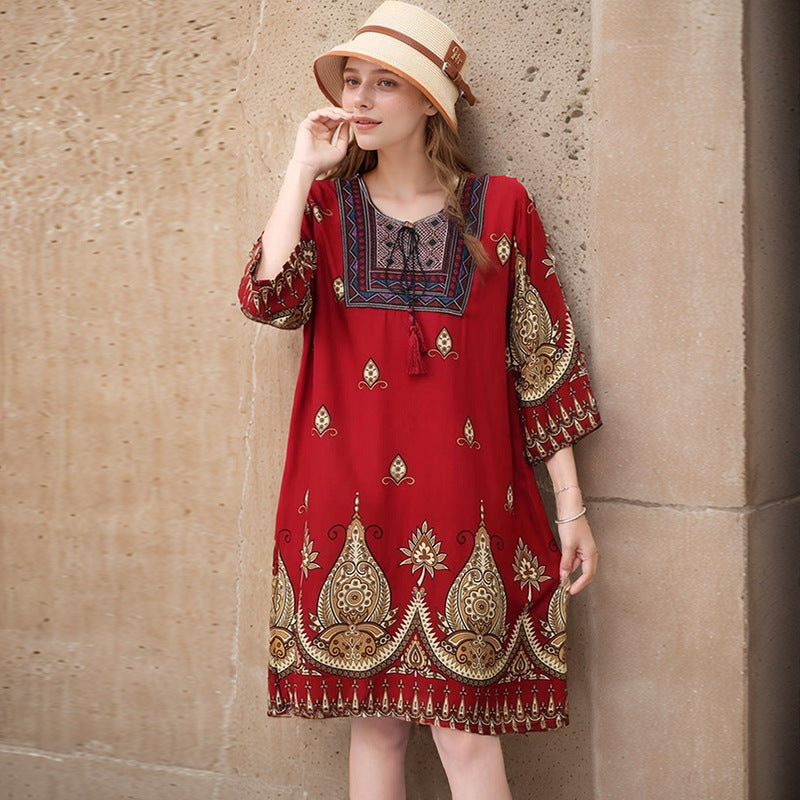 Summer Cross-Border Women's Cotton Silk Floral Dress Women's Ethnic Style Skirt Retro Thai Style Mother's Dress Women's Skirt