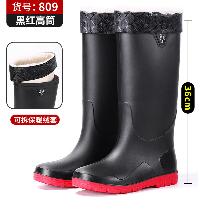 New High-Top Men's Drawstring Ankle Boots for Outdoor Use, Waterproof, Non-Slip, Long, Warm, Thickened Fishing Rubber Shoes