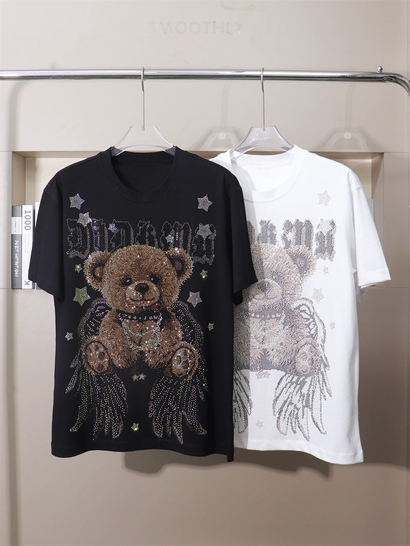 170kg T-Shirt with Rhinestone Letters and Cartoon Bear Design, Wide Short Sleeves, Plus Size 9XL for Big and Tall Individuals