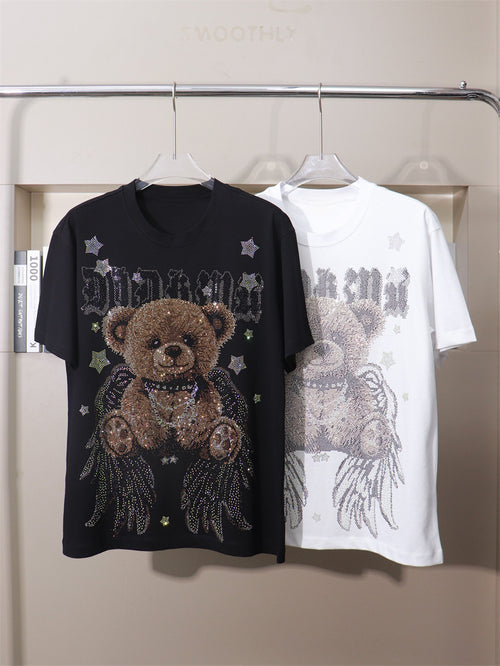 170kg T-Shirt with Rhinestone Letters and Cartoon Bear Design, Wide Short Sleeves, Plus Size 9XL for Big and Tall Individuals