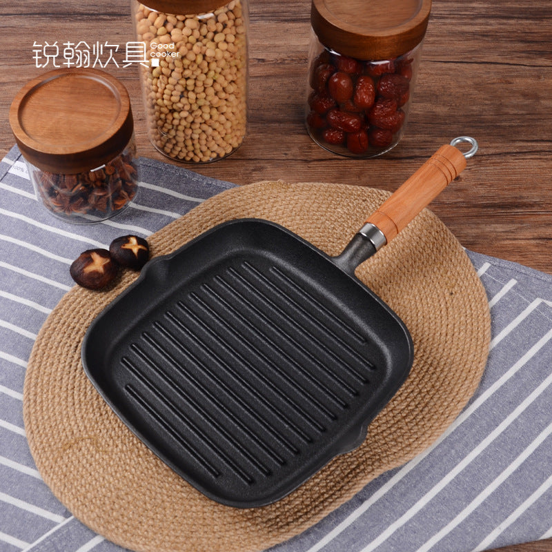 Cast Iron Steak Frying Pan Pot Iron Striped Baking Pan Steak Frying Pan Uncoated Thickened Pan Factory Direct Wholesale