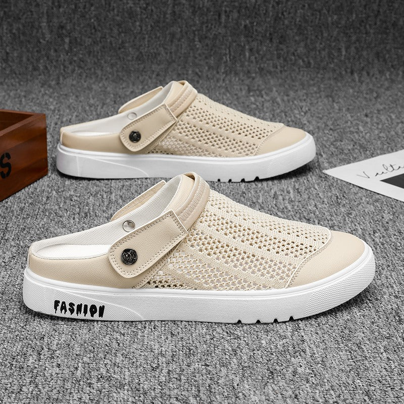 Canvas Shoes Men's Half-Slip Summer Mesh Breathable Trendy Casual Thin Toe-Toe Heelless Lazy Slip-On Trendy Shoes