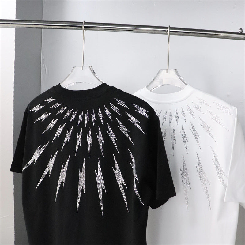 23 Large Edition Heavy-Duty Rhinestone Front and Back Lightning Design Unisex Loose Short-Sleeve T-Shirt Plus Size for Big and Tall Versatile Pure Cotton
