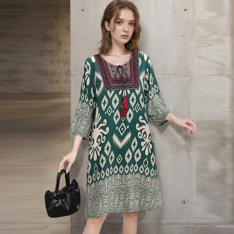 Summer Cross-Border Women's Cotton Silk Floral Dress Women's Ethnic Style Skirt Retro Thai Style Mother's Dress Women's Skirt