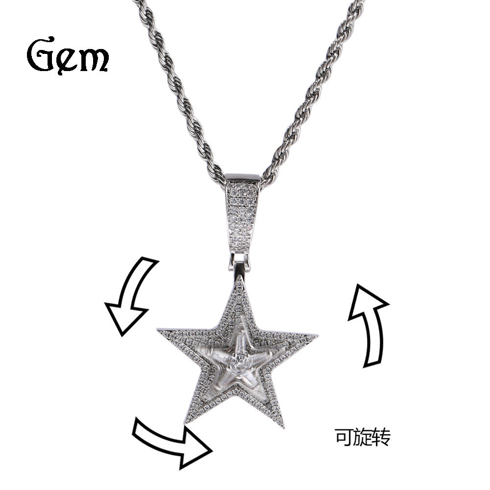 New European and American Style Hip-Hop Diamond-Encrusted Rotating Five-Pointed Star Pendant Necklace Amazon Hot-Selling Trendy Street Accessories