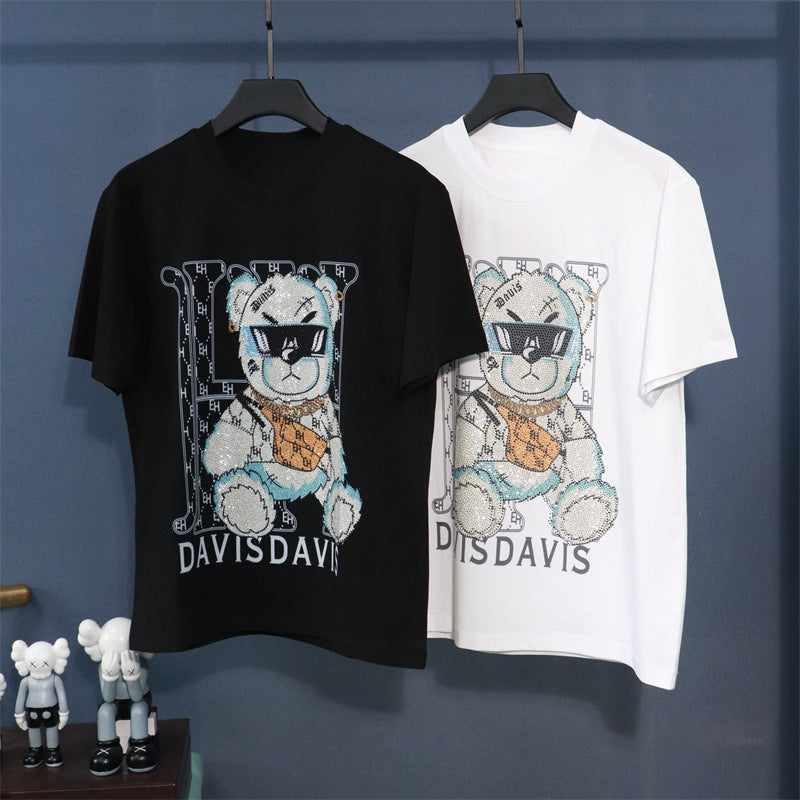 Xs-9Xlpp Printed Rhinestone H Bear Cartoon Short-Sleeve T-Shirt for Big and Tall Individuals, Casual Round Neck, Breathable, Trendy, Lightweight Style