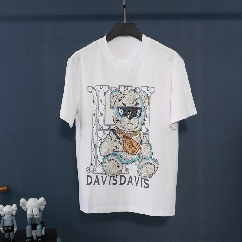 Xs-9Xlpp Printed Rhinestone H Bear Cartoon Short-Sleeve T-Shirt for Big and Tall Individuals, Casual Round Neck, Breathable, Trendy, Lightweight Style