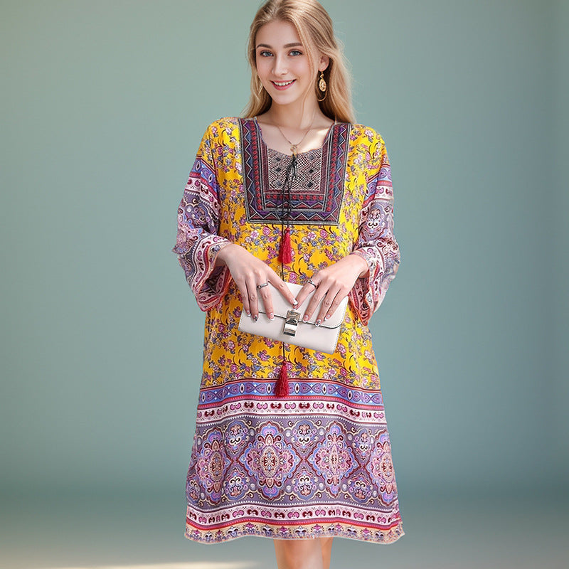 Summer Cross-Border Women's Cotton Silk Floral Dress Women's Ethnic Style Skirt Retro Thai Style Mother's Dress Women's Skirt
