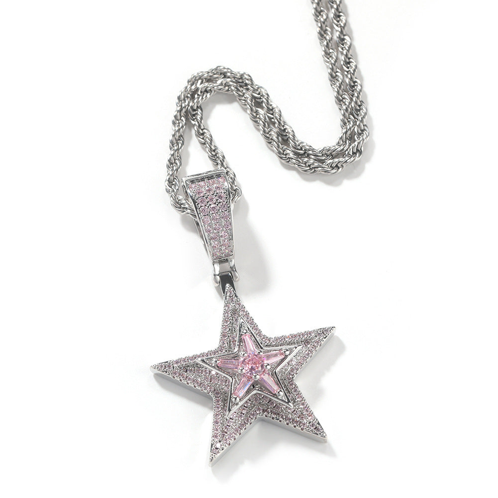 New European and American Style Hip-Hop Diamond-Encrusted Rotating Five-Pointed Star Pendant Necklace Amazon Hot-Selling Trendy Street Accessories