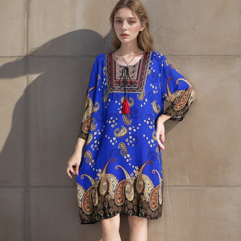 Summer Cross-Border Women's Cotton Silk Floral Dress Women's Ethnic Style Skirt Retro Thai Style Mother's Dress Women's Skirt