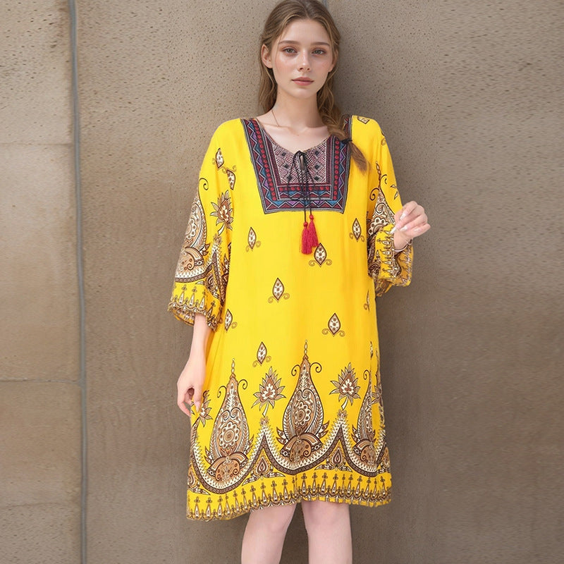 Summer Cross-Border Women's Cotton Silk Floral Dress Women's Ethnic Style Skirt Retro Thai Style Mother's Dress Women's Skirt