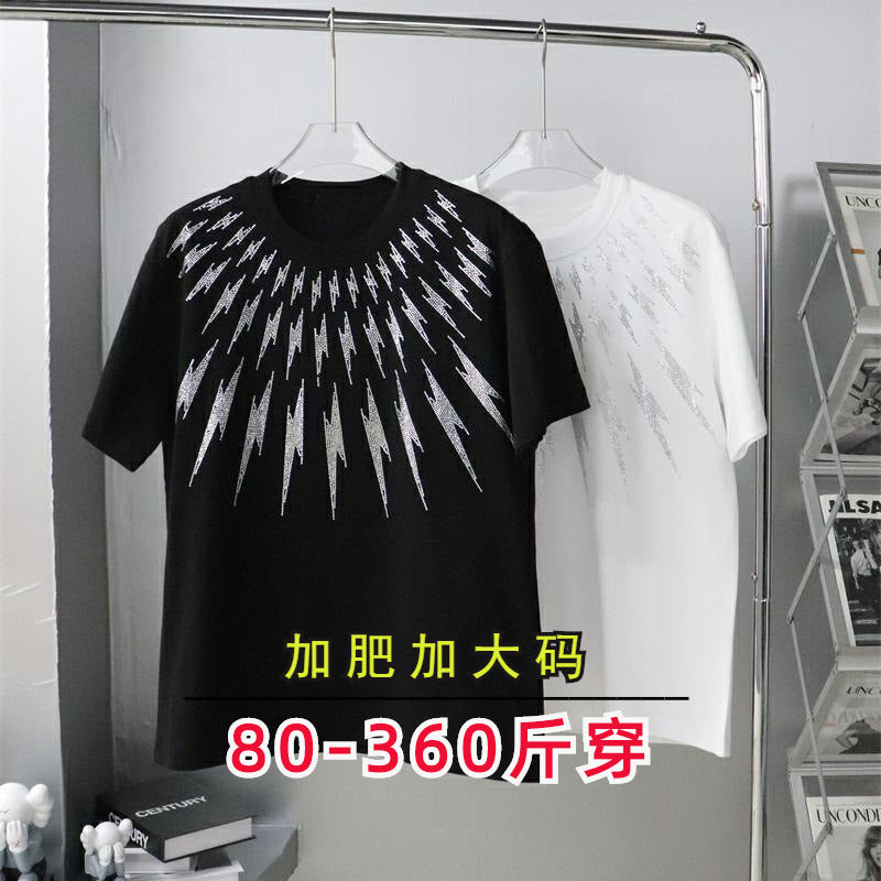 23 Large Edition Heavy-Duty Rhinestone Front and Back Lightning Design Unisex Loose Short-Sleeve T-Shirt Plus Size for Big and Tall Versatile Pure Cotton