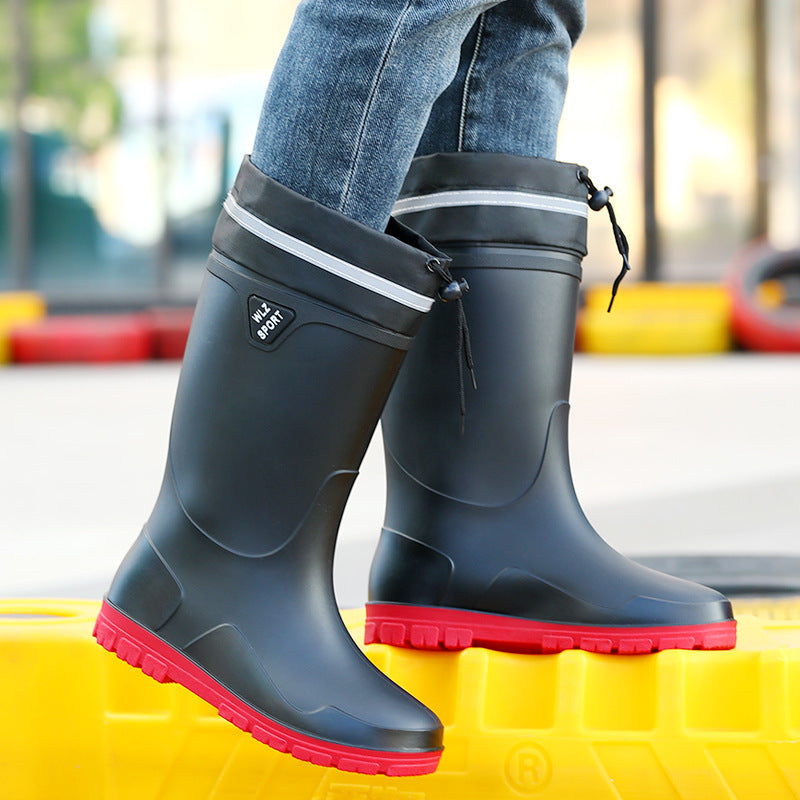 New Thickened High-Tube Men's Waterproof Non-Slip Warm Outdoor Fishing Rubber Boots with Drawstring