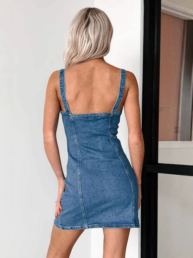 2025 Summer New European and American Cross-border Women's Buckle Decorations Long Denim Sling Fashion dress in stock