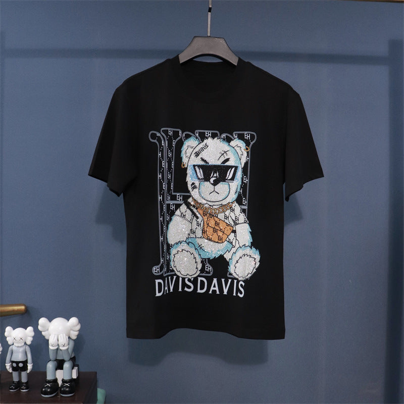 Xs-9Xlpp Printed Rhinestone H Bear Cartoon Short-Sleeve T-Shirt for Big and Tall Individuals, Casual Round Neck, Breathable, Trendy, Lightweight Style