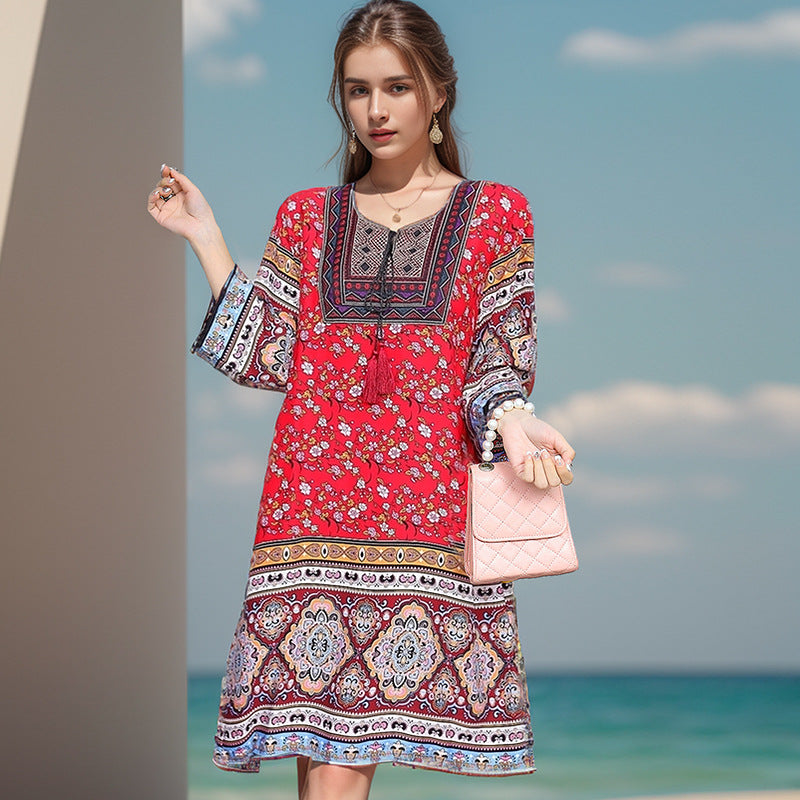 Summer Cross-Border Women's Cotton Silk Floral Dress Women's Ethnic Style Skirt Retro Thai Style Mother's Dress Women's Skirt