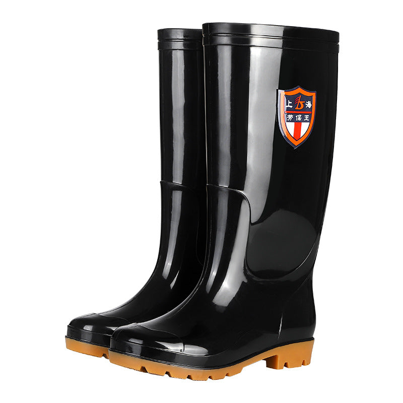 Black High-Top Rain Boots for Men, Tendon Sole, Non-Slip, Wear-Resistant Water Shoes, Mid-Top Overshoes, Construction Site Labor Warm Rain Boots, Waterproof Boots
