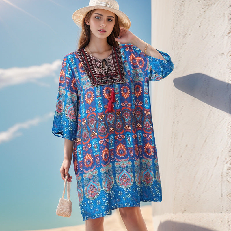 Summer Cross-Border Women's Cotton Silk Floral Dress Women's Ethnic Style Skirt Retro Thai Style Mother's Dress Women's Skirt