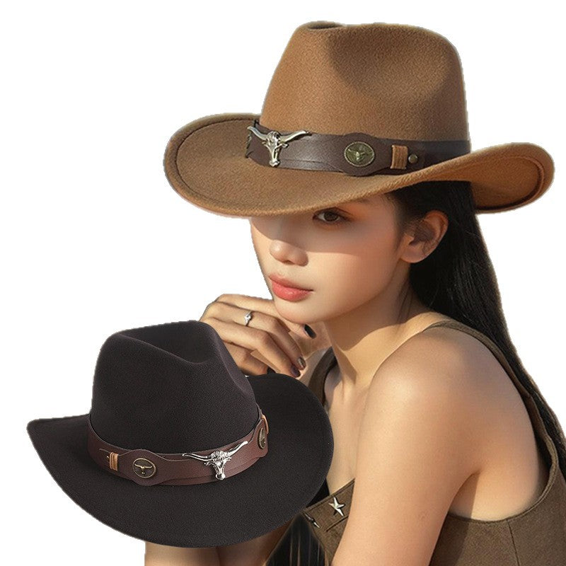 American Retro Western Knight Hat Men's Top Hat Spring and Autumn Jazz Hat Women's British Casual High-End Large-Brimmed Woolen Hat Women's