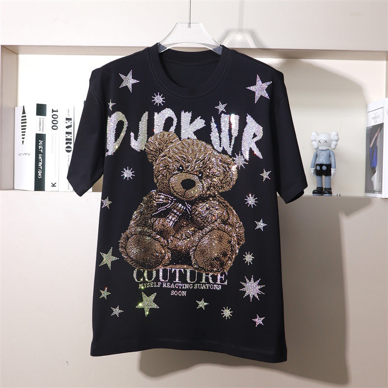 170kg T-Shirt with Rhinestone Letters and Cartoon Bear Design, Wide Short Sleeves, Plus Size 9XL for Big and Tall Individuals