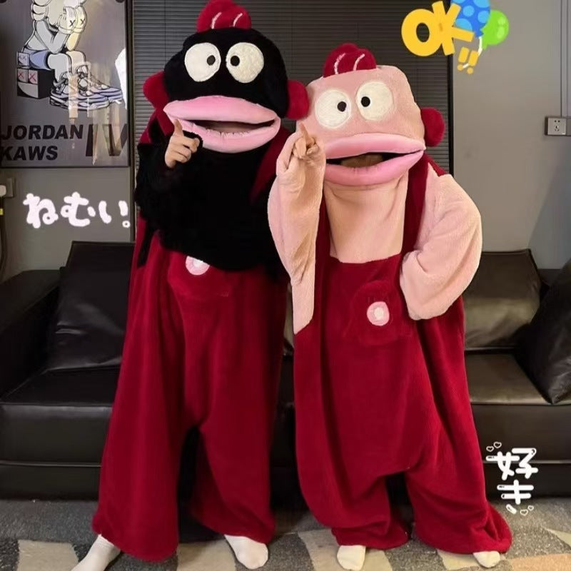 Cute Cartoon Funny Ugly Fish Hanton Couple Pajamas for Men and Women Winter Sand Sculpture Thickened Coral Fleece Home Clothes