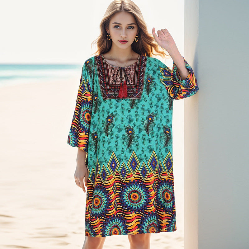 Summer Cross-Border Women's Cotton Silk Floral Dress Women's Ethnic Style Skirt Retro Thai Style Mother's Dress Women's Skirt