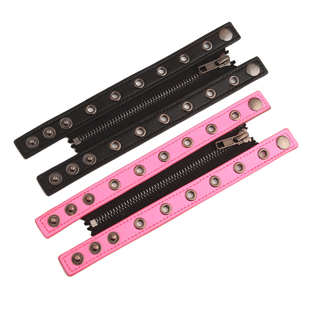 New Foreign Trade European and American Rivet Chain Punk Jewelry Cowhide Bracelet Women's Round Hole Middle Zipper Wide Leather Jewelry