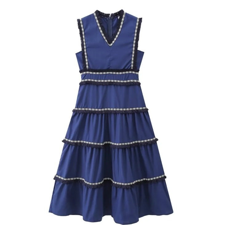 Cross-border European and American Women's AliExpress Retro Tassel Stitching Fashion V-neck Sleeveless High Waist Cheongsam dress