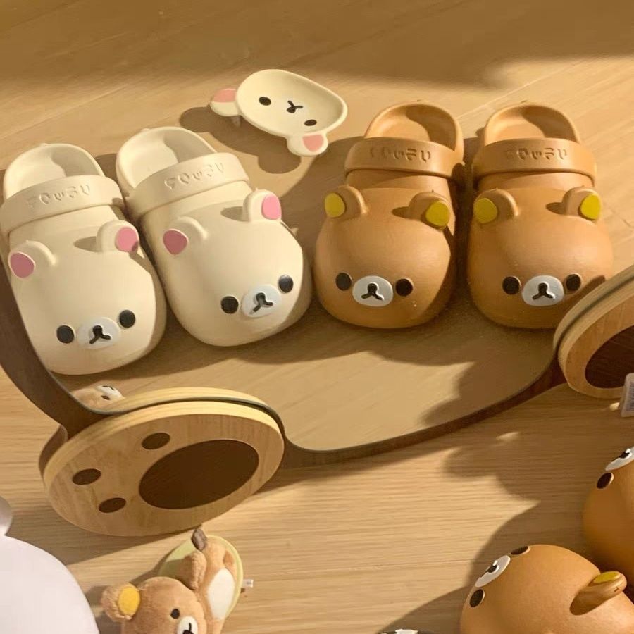 2025 Japanese Cartoon Rilakkuma Croc Shoes Women's Summer Outerwear Beach Shoes Cartoon Cute Parent-Child Bear Slippers