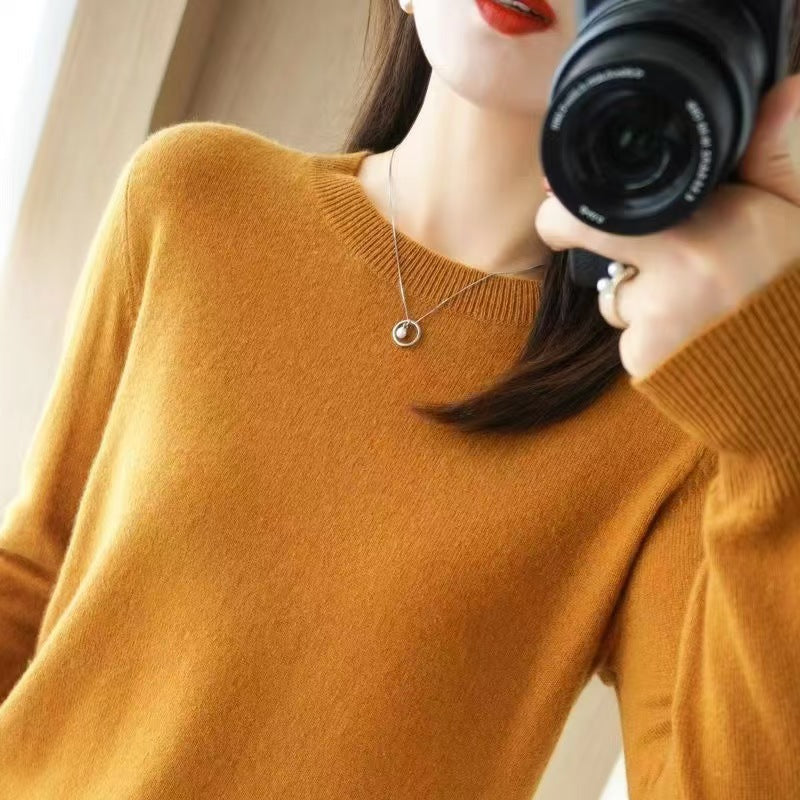 New Autumn and Winter Round Neck Knitwear Women's Pullover Knitwear Pure Color Long-Sleeved Women's Thin Inner Wear Outer Bottoming Shirt Korea