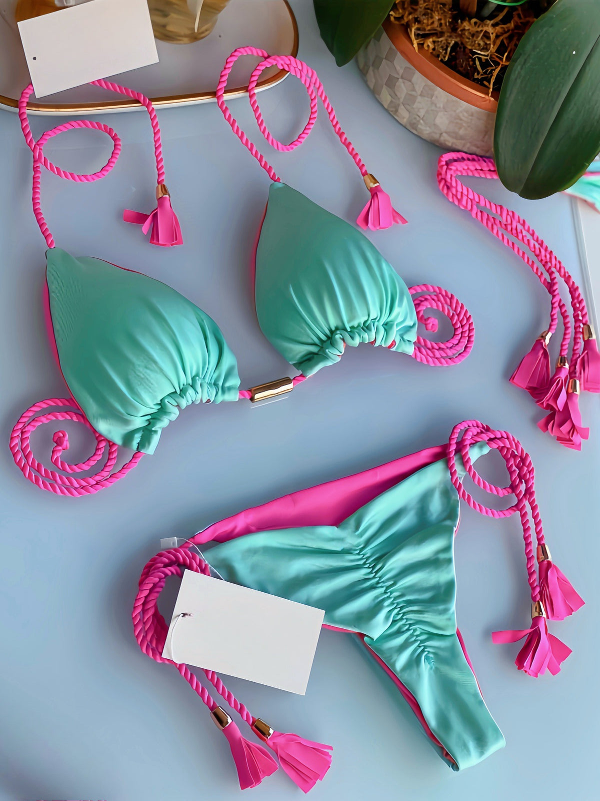 2025 new solid color fabric rope bikini triangle swimsuit Amazon European and American swimsuit in stock
