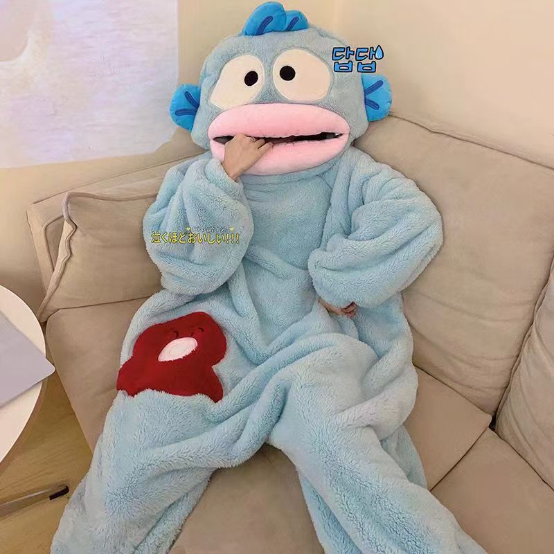 Cute Cartoon Funny Ugly Fish Hanton Couple Pajamas for Men and Women Winter Sand Sculpture Thickened Coral Fleece Home Clothes