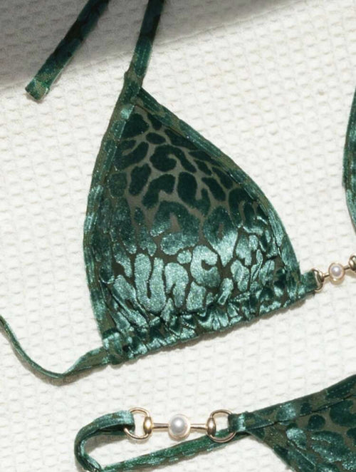 2025 European and American New Sexy T-Shaped Pearl Leopard Print Special Fabric Swimsuit Bikini Bikini Cross-Border