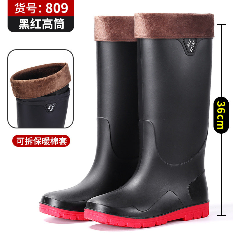 New High-Top Men's Drawstring Ankle Boots for Outdoor Use, Waterproof, Non-Slip, Long, Warm, Thickened Fishing Rubber Shoes