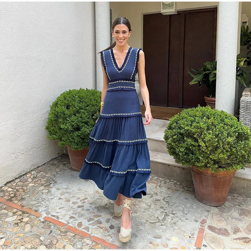 Cross-border European and American Women's AliExpress Retro Tassel Stitching Fashion V-neck Sleeveless High Waist Cheongsam dress