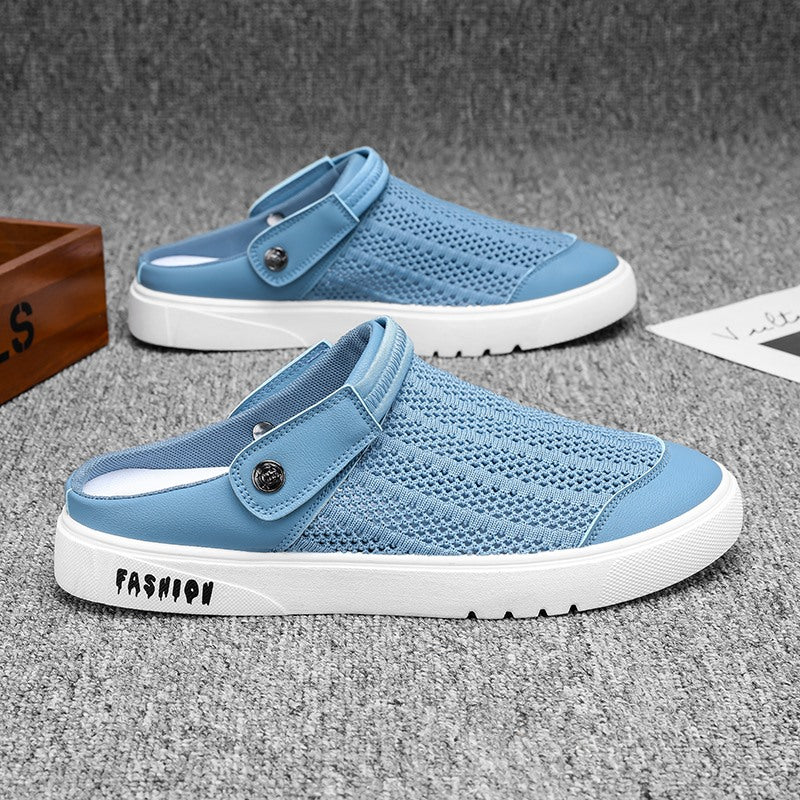 Canvas Shoes Men's Half-Slip Summer Mesh Breathable Trendy Casual Thin Toe-Toe Heelless Lazy Slip-On Trendy Shoes