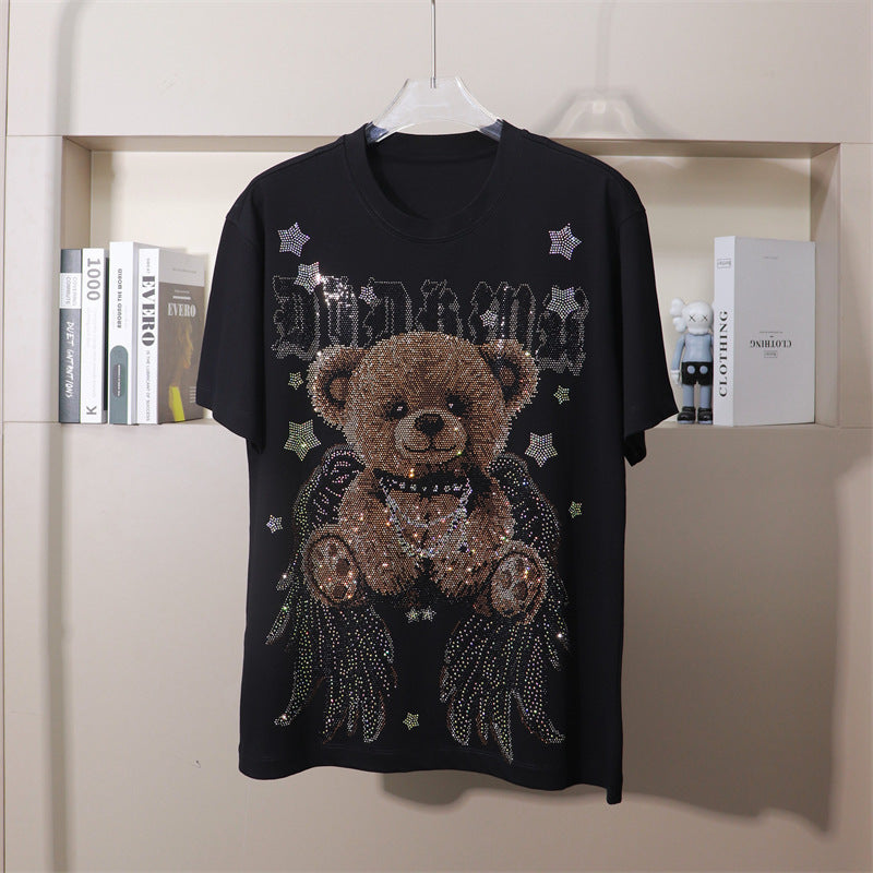 170kg T-Shirt with Rhinestone Letters and Cartoon Bear Design, Wide Short Sleeves, Plus Size 9XL for Big and Tall Individuals