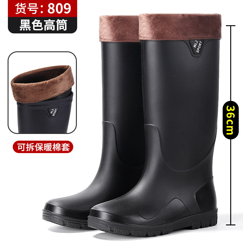 New High-Top Men's Drawstring Ankle Boots for Outdoor Use, Waterproof, Non-Slip, Long, Warm, Thickened Fishing Rubber Shoes