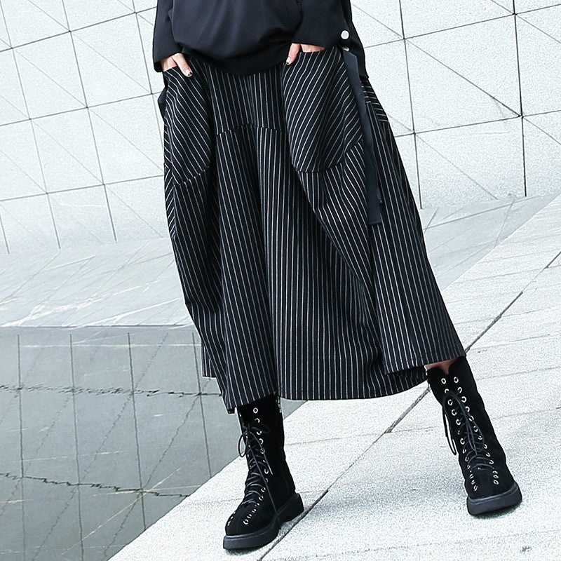 Japanese Yamamoto style black and white striped cropped wide-leg pants women's spring and autumn loose retro drape high waist casual culottes