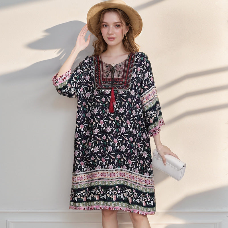 Summer Cross-Border Women's Cotton Silk Floral Dress Women's Ethnic Style Skirt Retro Thai Style Mother's Dress Women's Skirt