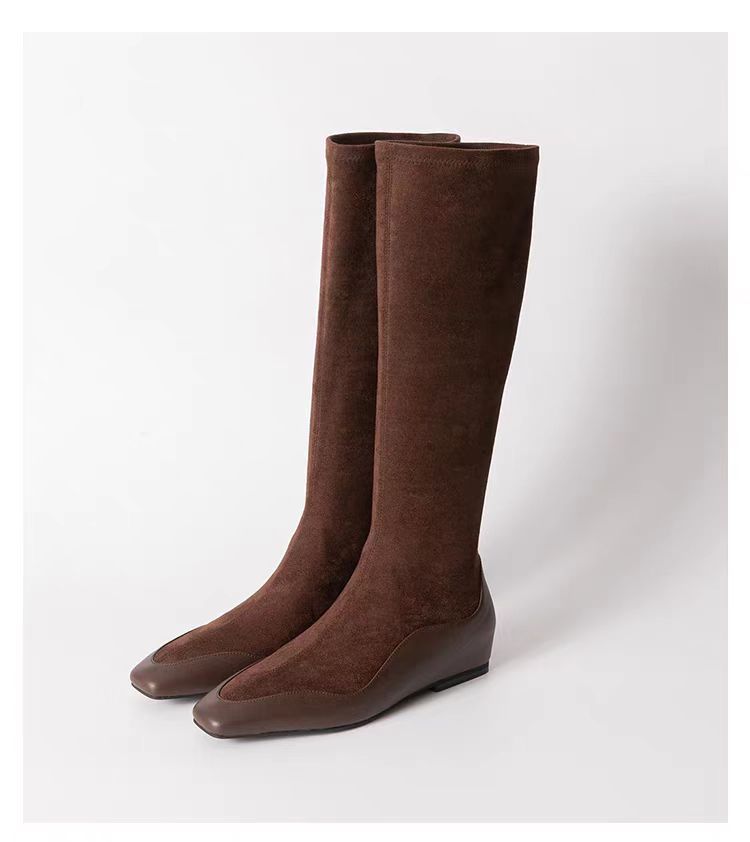 Korean Style Square Head Inner Height Increasing Thin Boots Women's 2024 Autumn and Winter New Leather Stitching Fashionable Simple All-match Socks Boots Women
