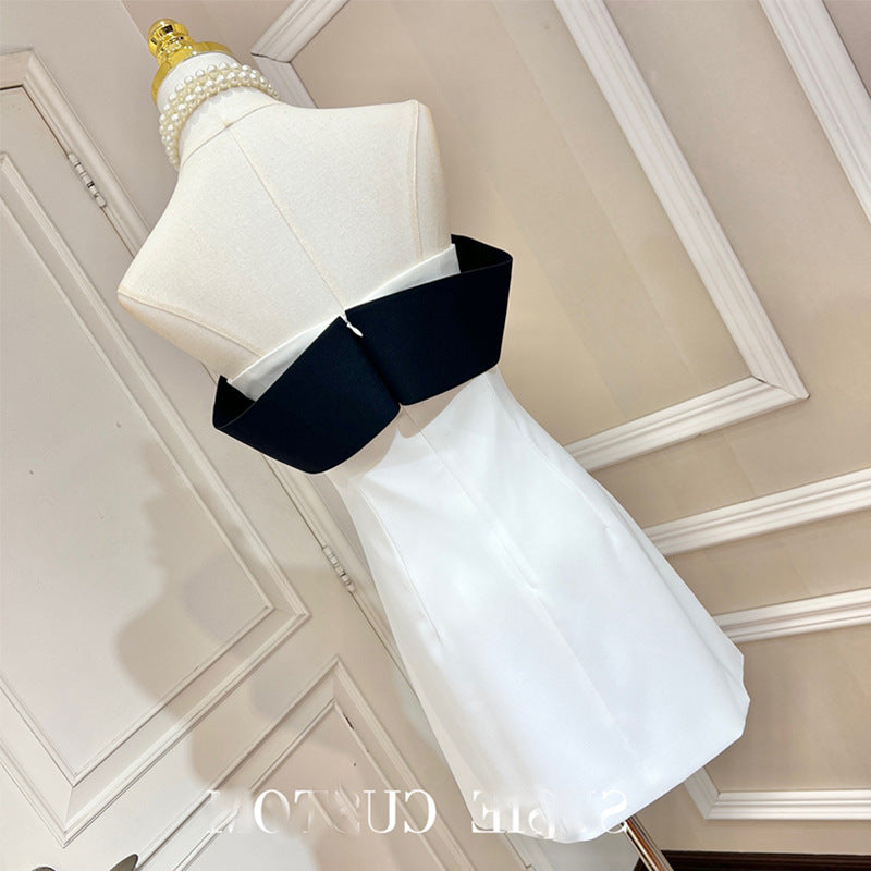 Temperamental Black and White Contrasting Color Big Bow One-Shoulder Off-Shoulder Elastic Band Slim A-Line Dress Slimming Look
