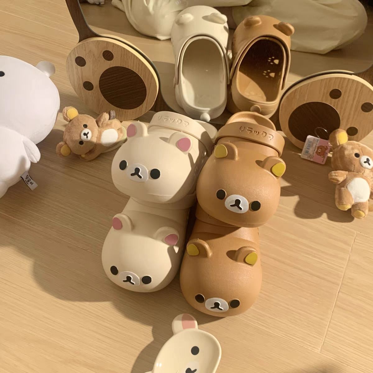 2025 Japanese Cartoon Rilakkuma Croc Shoes Women's Summer Outerwear Beach Shoes Cartoon Cute Parent-Child Bear Slippers